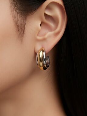 Two-Tone Gold and Silver Hoop Earrings - Women Jewelry